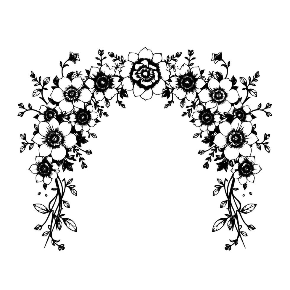 Elegant Black and White Floral Arch Detailed Botanical Illustration with an Arch Shape, Ideal for Decorative . vector