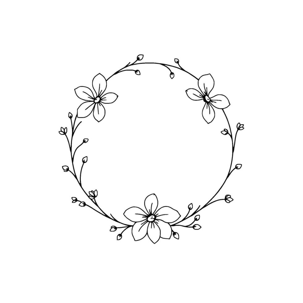 Delicate handdrawn floral wreath with three open blossoms and multiple buds, minimalistic, monochrome, and symmetrical , on a white background. vector