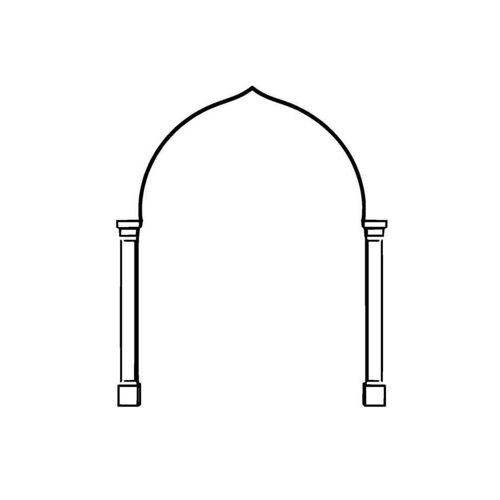 Minimalist black line drawing of a Moorish arch, framed by two stylized pillars, set against a pure white background. vector