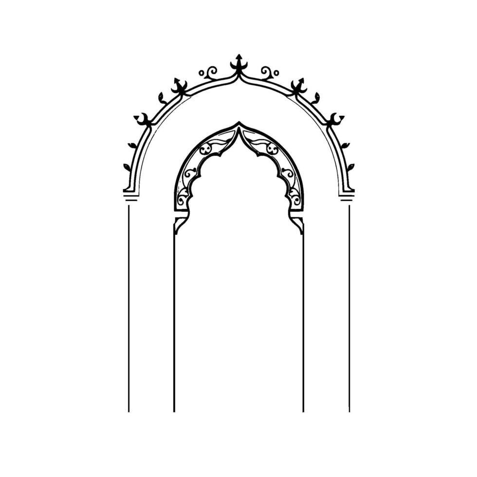 Elegant Black and White Architectural Drawing of an Ornate Arched Gateway with Decorative Floral and Geometric Details. vector