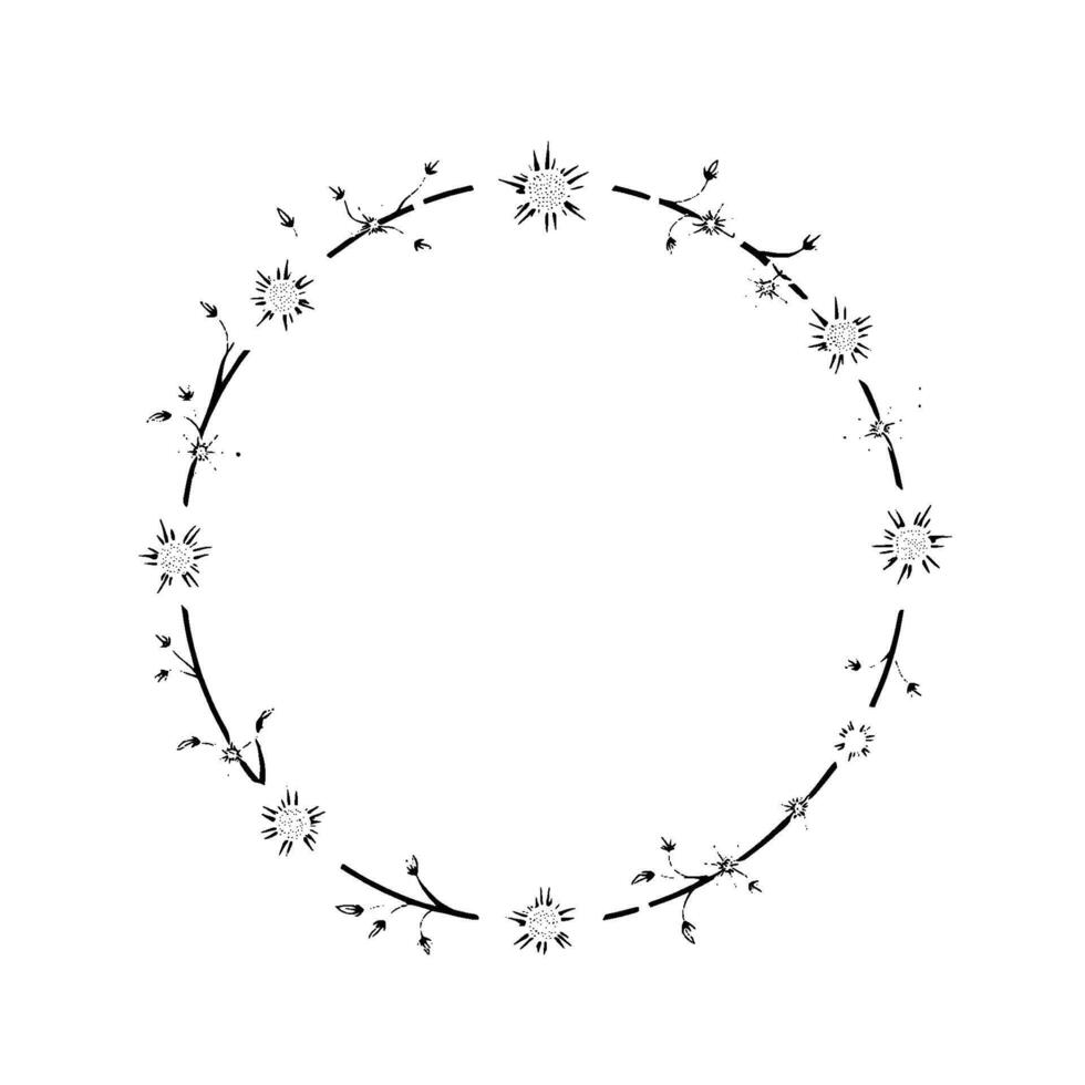 Elegant monochrome floral wreath , featuring stylized white flowers, delicate branches, and a minimalistic aesthetic, perfectly framing a central blank space. vector