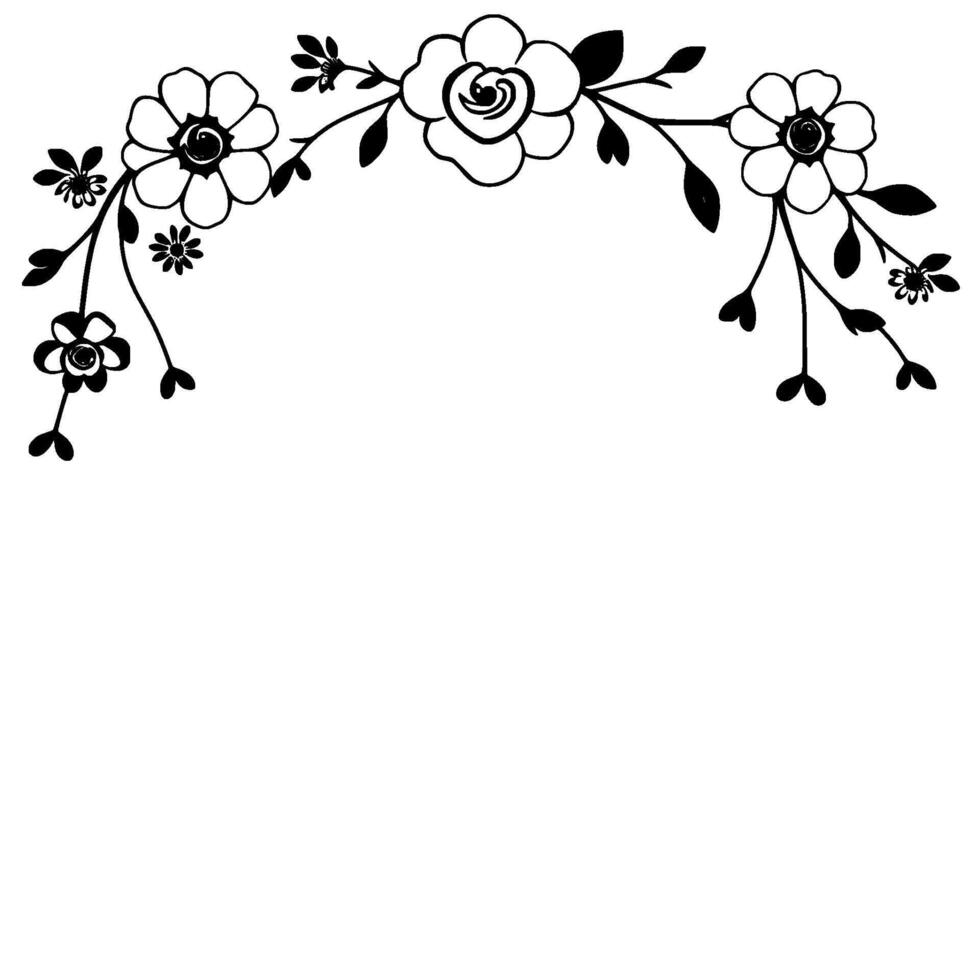 Elegant Black and White Floral Arch Border Detailed Pen Sketch with Roses, Daisies, and Leaves for Wedding or Decorative . vector