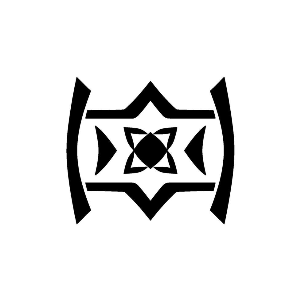 Symmetrical Black and White Geometric Abstract , StarLike Shape with Inner Floral Motif, Bracketed by Curved Lines on a White Background vector