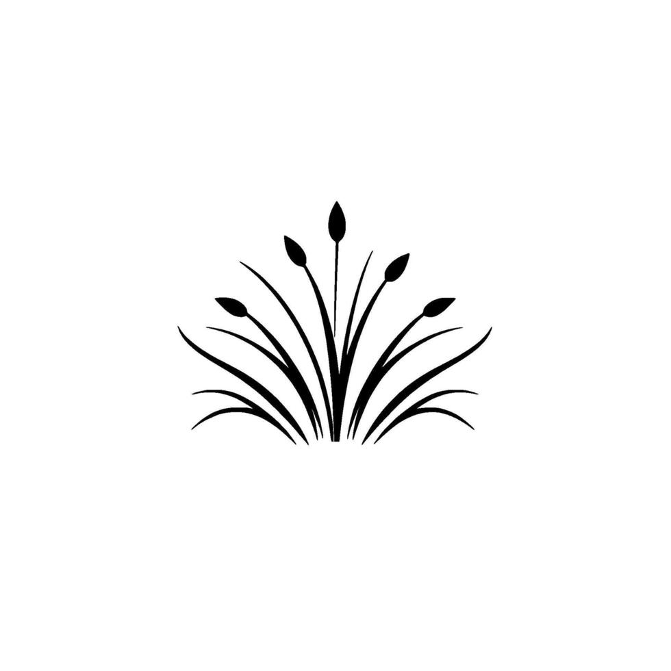 Minimalist black and white illustration of stylized reeds with five seed heads, emerging from a white base. vector