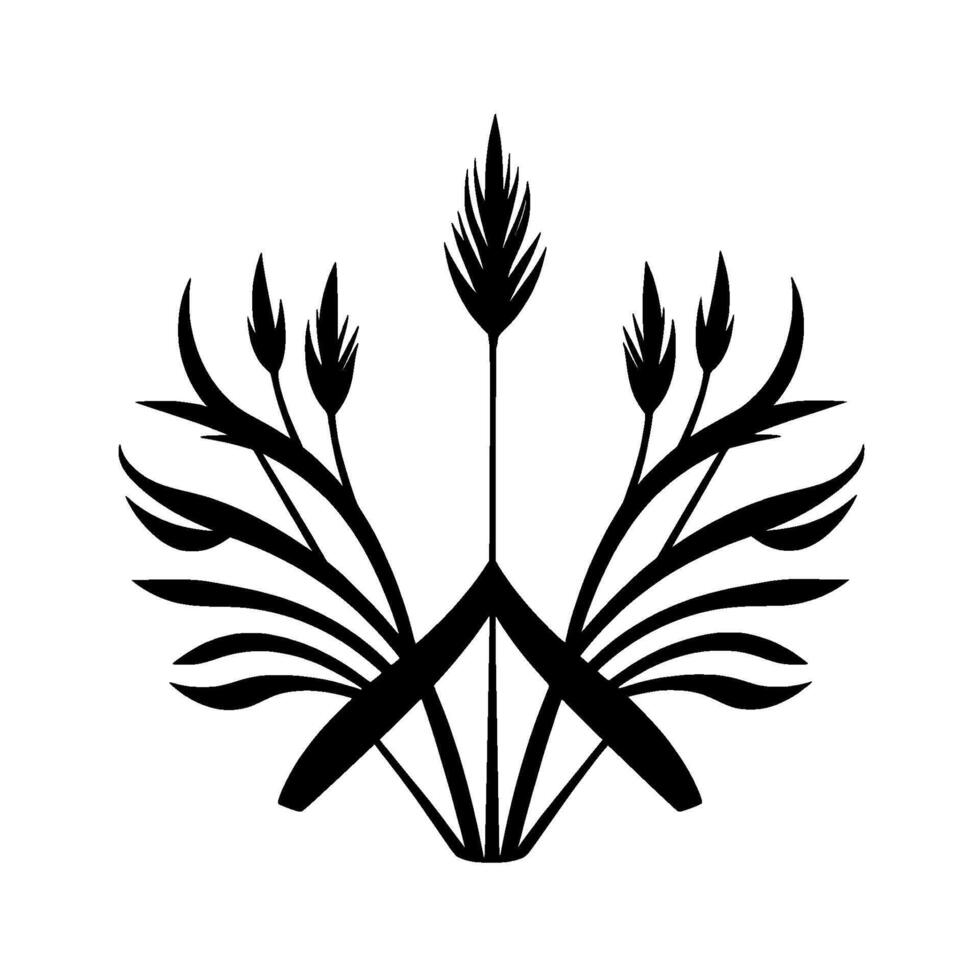 Symmetrical Black and White Floral Illustration, Abstract Plant Silhouette, Symmetric with Detailed Foliage and Linear Arrangement vector