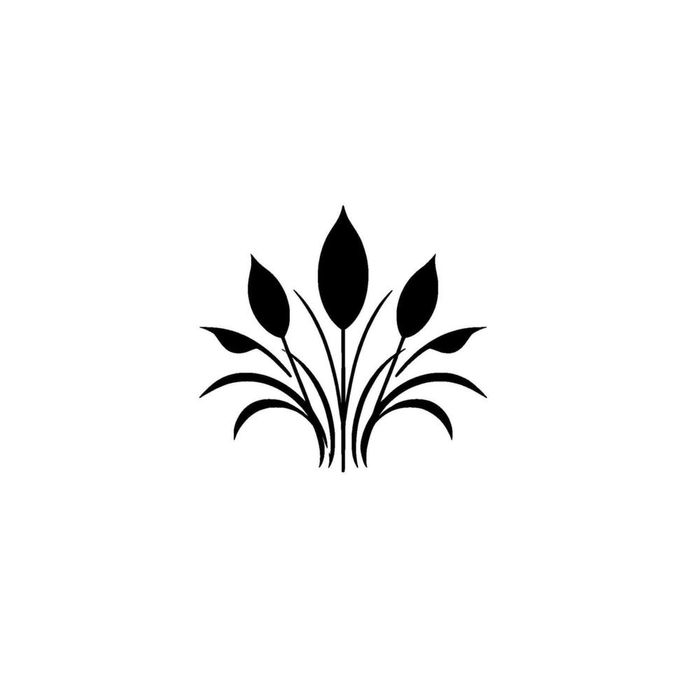 Minimalist black botanical illustration featuring a symmetrical arrangement of stylized leaves and stems against a white backdrop. vector