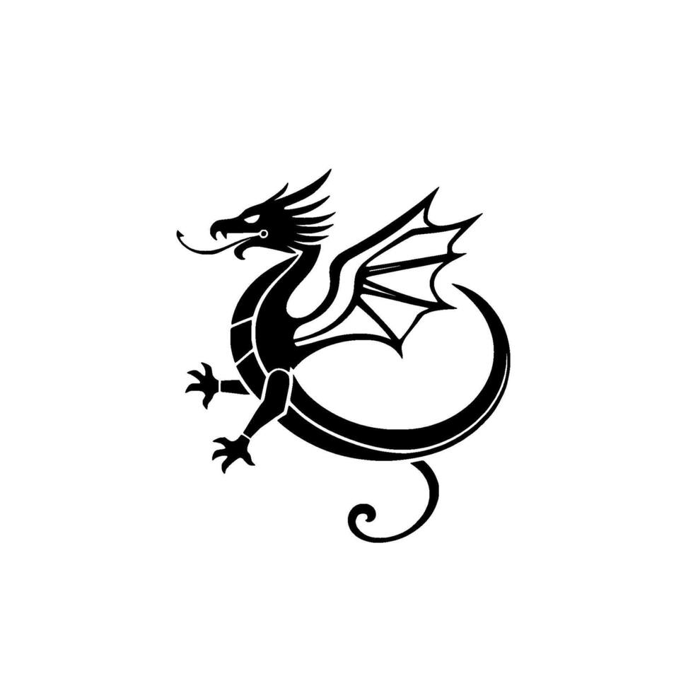 Stylized black dragon , wing extended, tongue out, curved body, on white background, minimalistic . vector