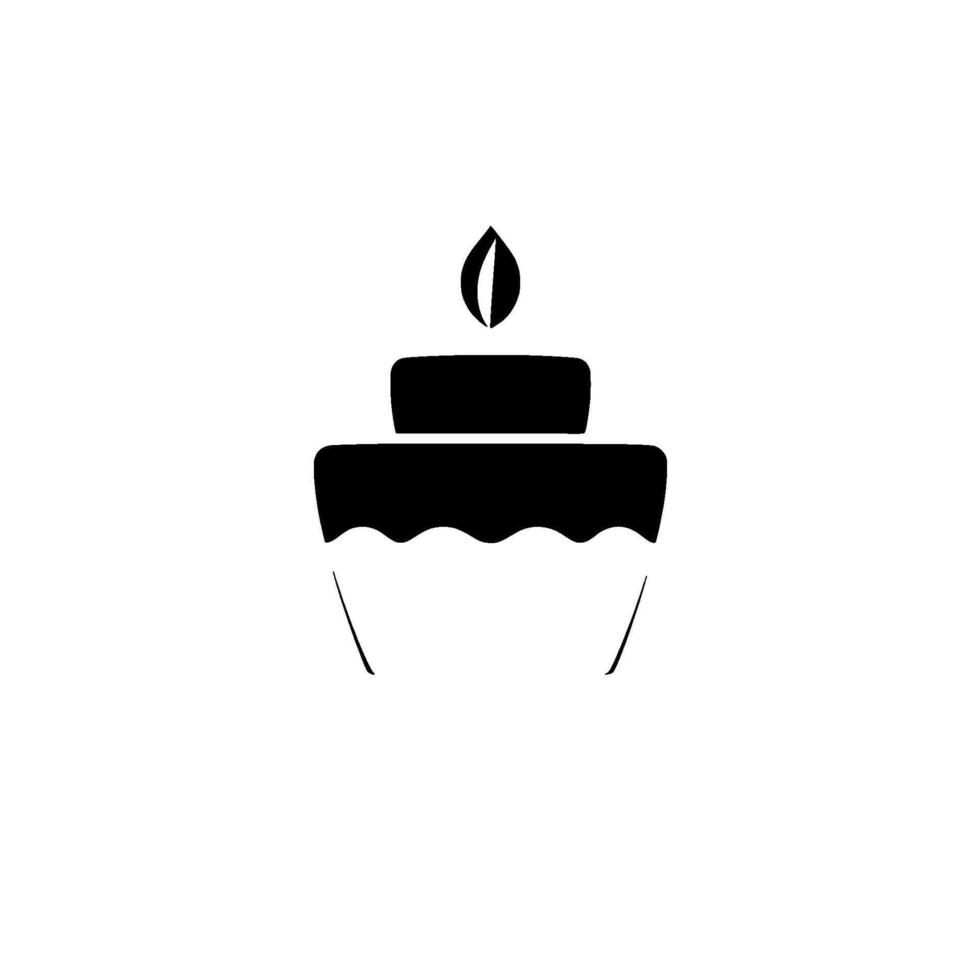 Minimalist Black and White Illustration of a Tiered Birthday Cake with a Lit Candle Flame, Set Against a Bright White Backdrop. vector