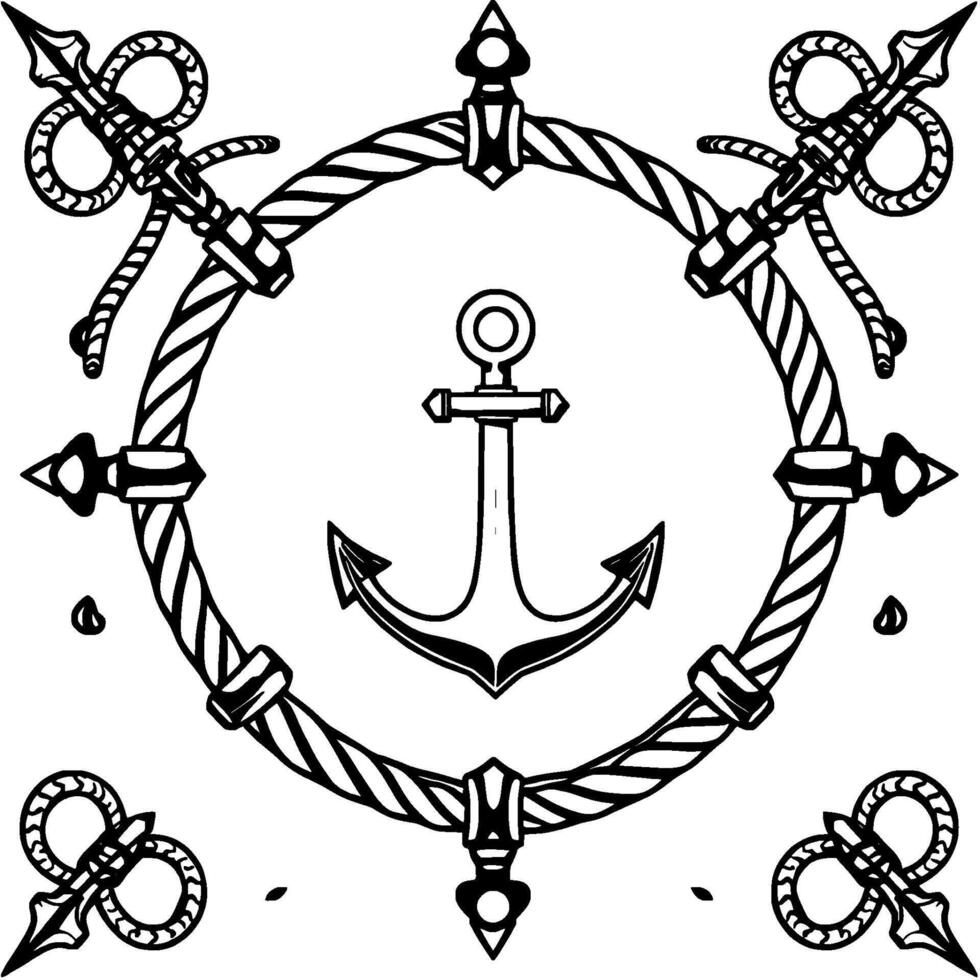 Intricate black and white nautical , showcasing a central anchor surrounded by a ropeframed border with decorative harpoons. vector