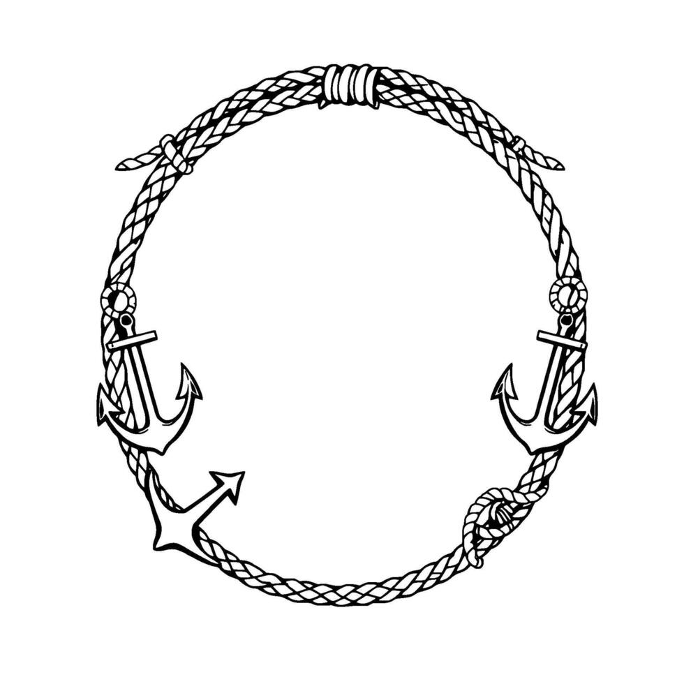 Circular Nautical Frame A blackandwhite illustration of a rope border, featuring stylized anchors at intervals, perfect for maritime themes. vector