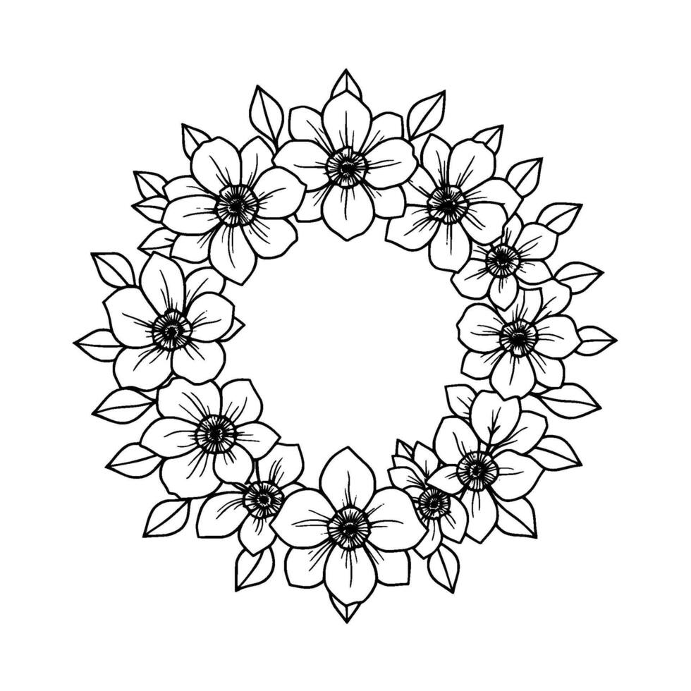 Intricate floral wreath featuring a circular arrangement of stylized flowers and leaves in black and white outline. vector