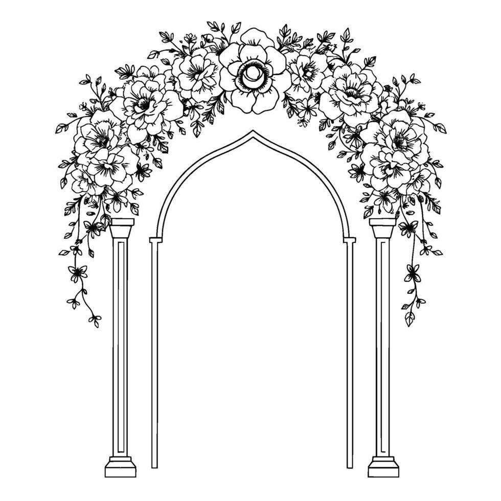Elegant archway adorned with floral arrangements, supported by pillars, creating a refined and romantic frame in monochrome outline style. vector