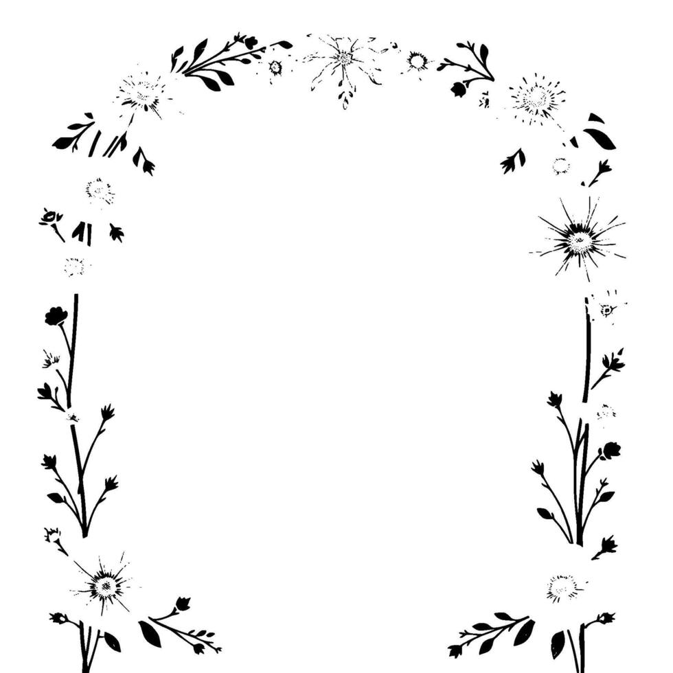 Elegant black ink floral arch illustration on white background, featuring stylized flowers, leaves, and botanical elements, creating a delicate and artistic frame. vector