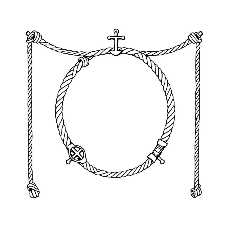 Nautical Rope Frame An Anchor Suspended from Twisted Rope, Creating a Circular Border with a Detailed, Intricate . vector