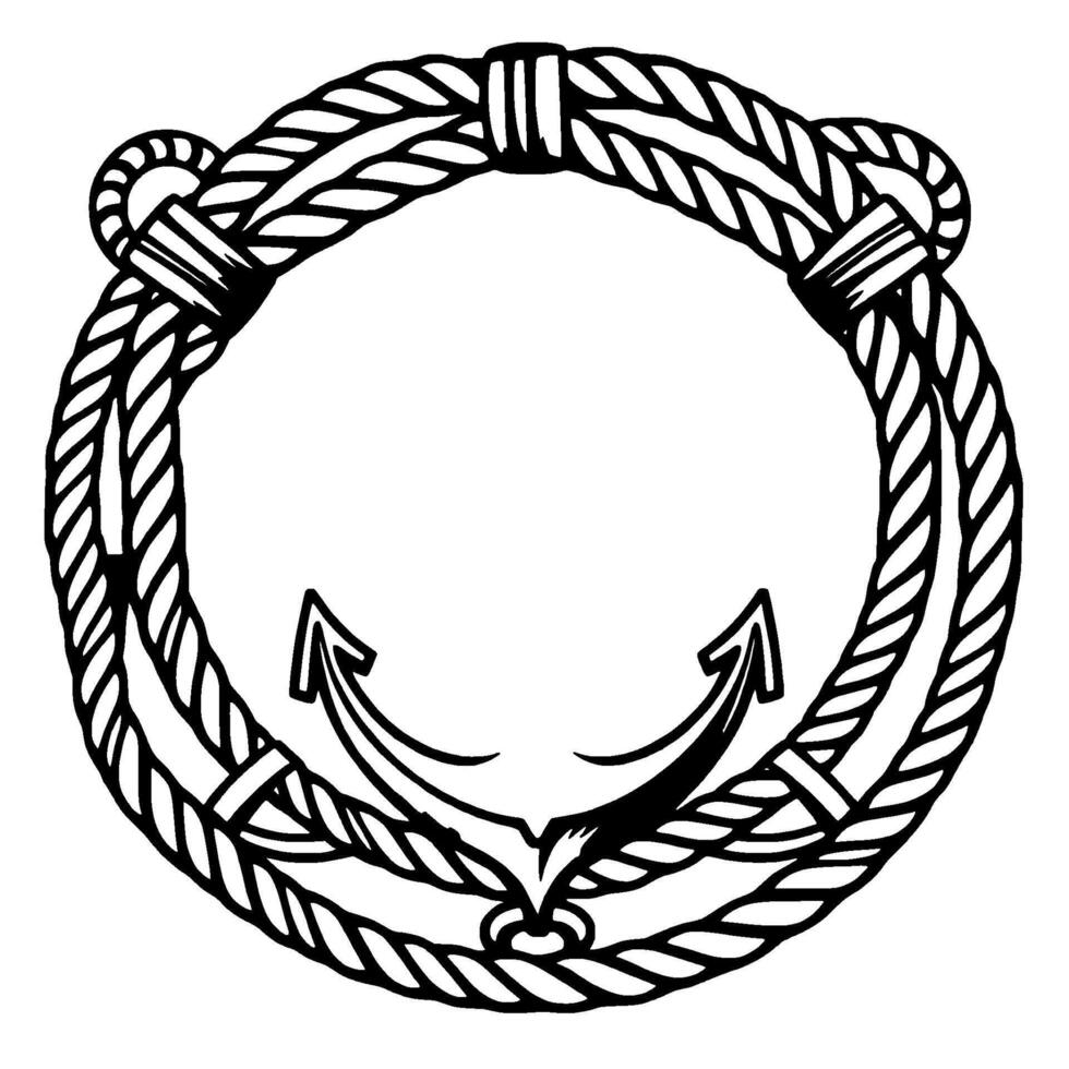 Nautical emblem stylized black and white illustration featuring an anchor enclosed within a rope circle. vector