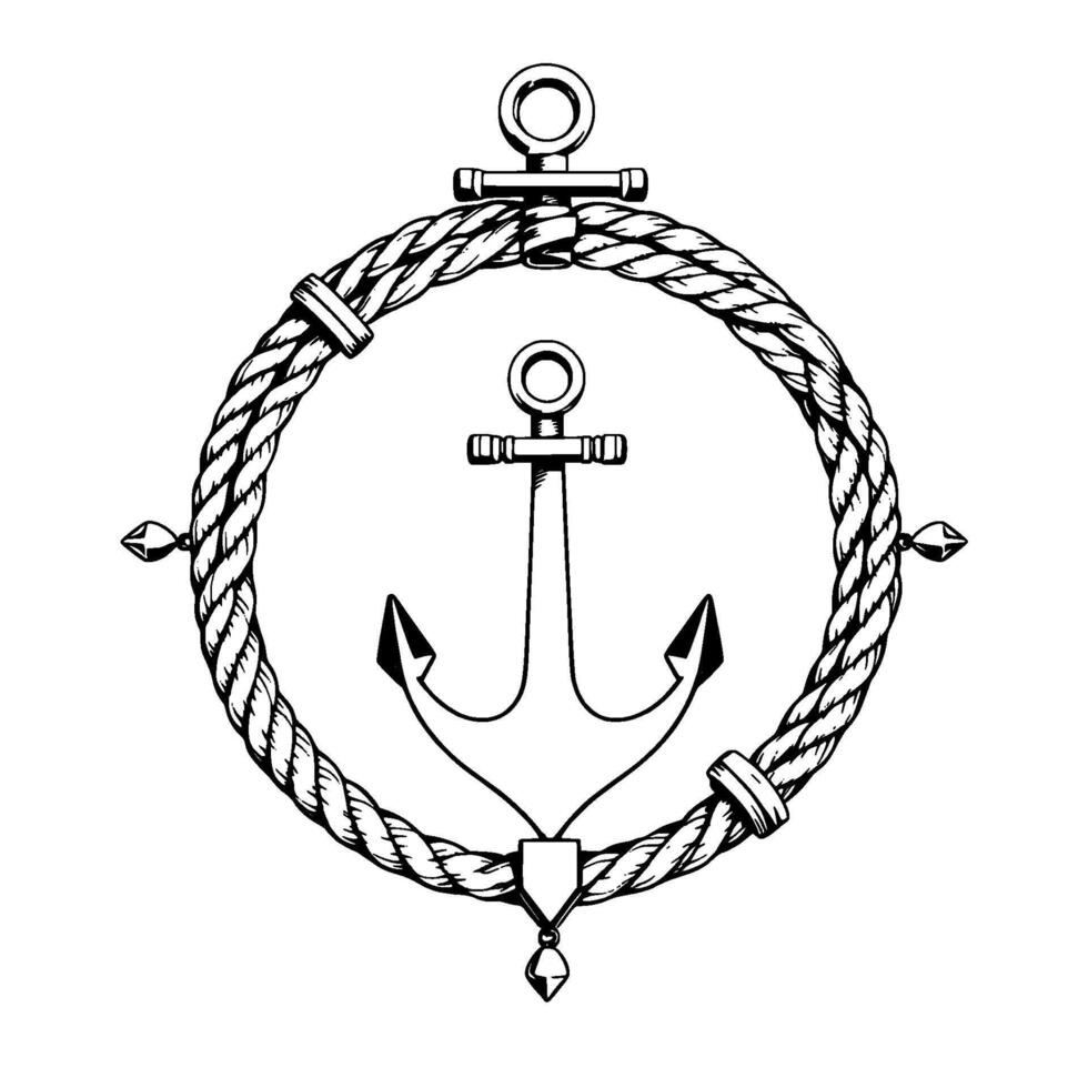 Detailed Black and White Nautical Emblem Anchor Inside a Rope Circle with Decorative Elements. vector
