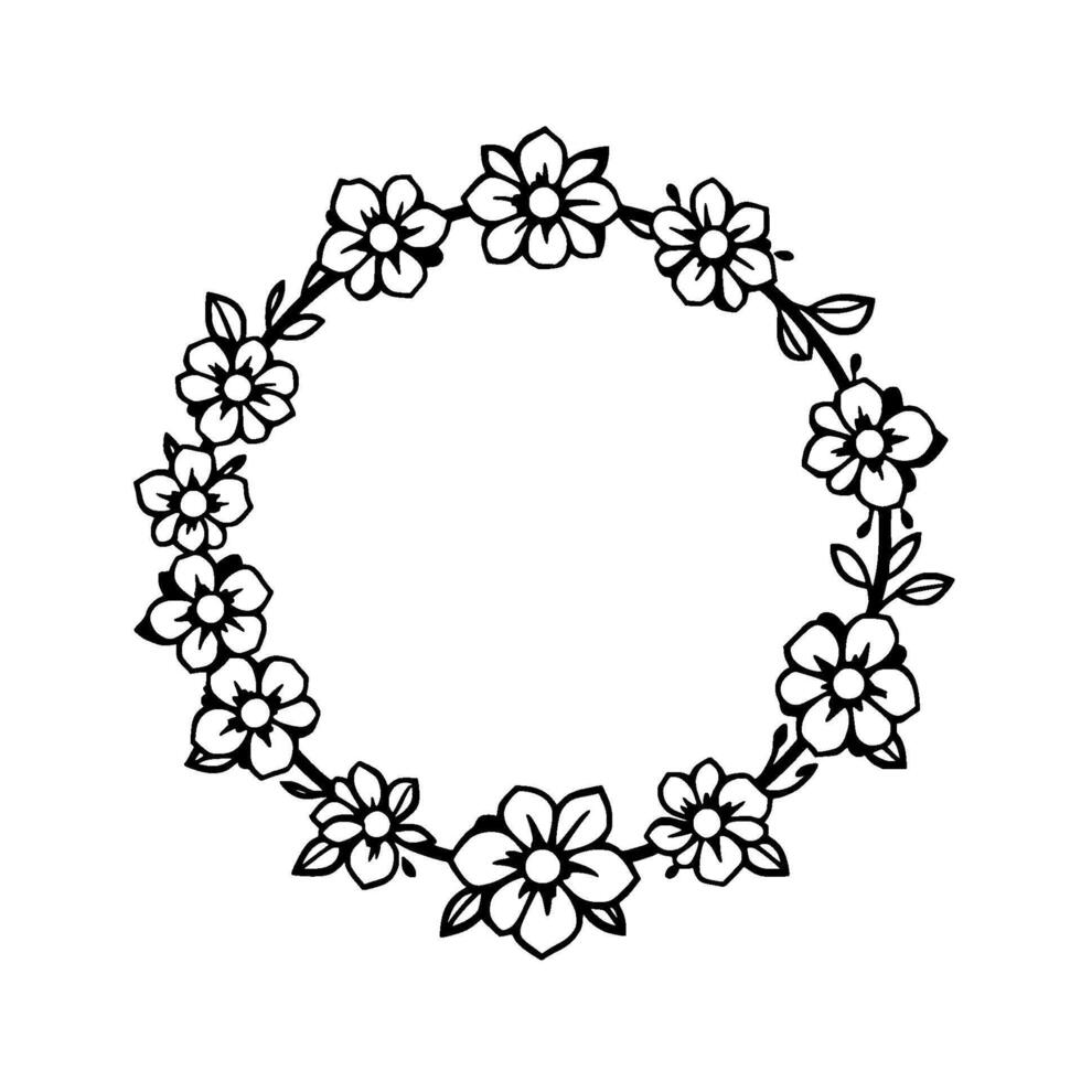 A delicate black and white illustration of a floral wreath, composed of stylized flowers and leaves, arranged in a circular with a minimalist aesthetic on a plain white background. vector