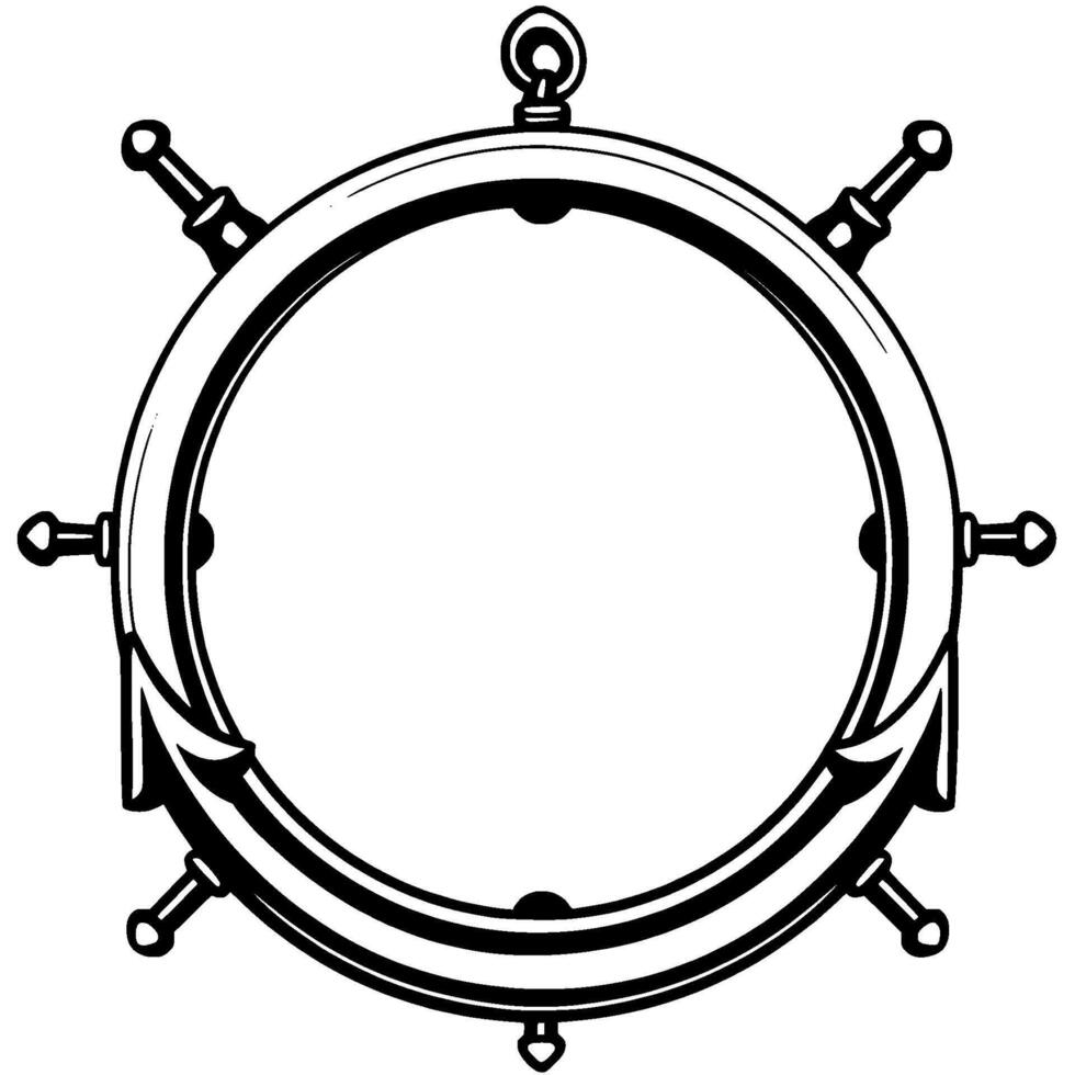 A bold, minimalist black and white nautical illustration of a ships helm, centered on a white background, symbolizing navigation and control. vector