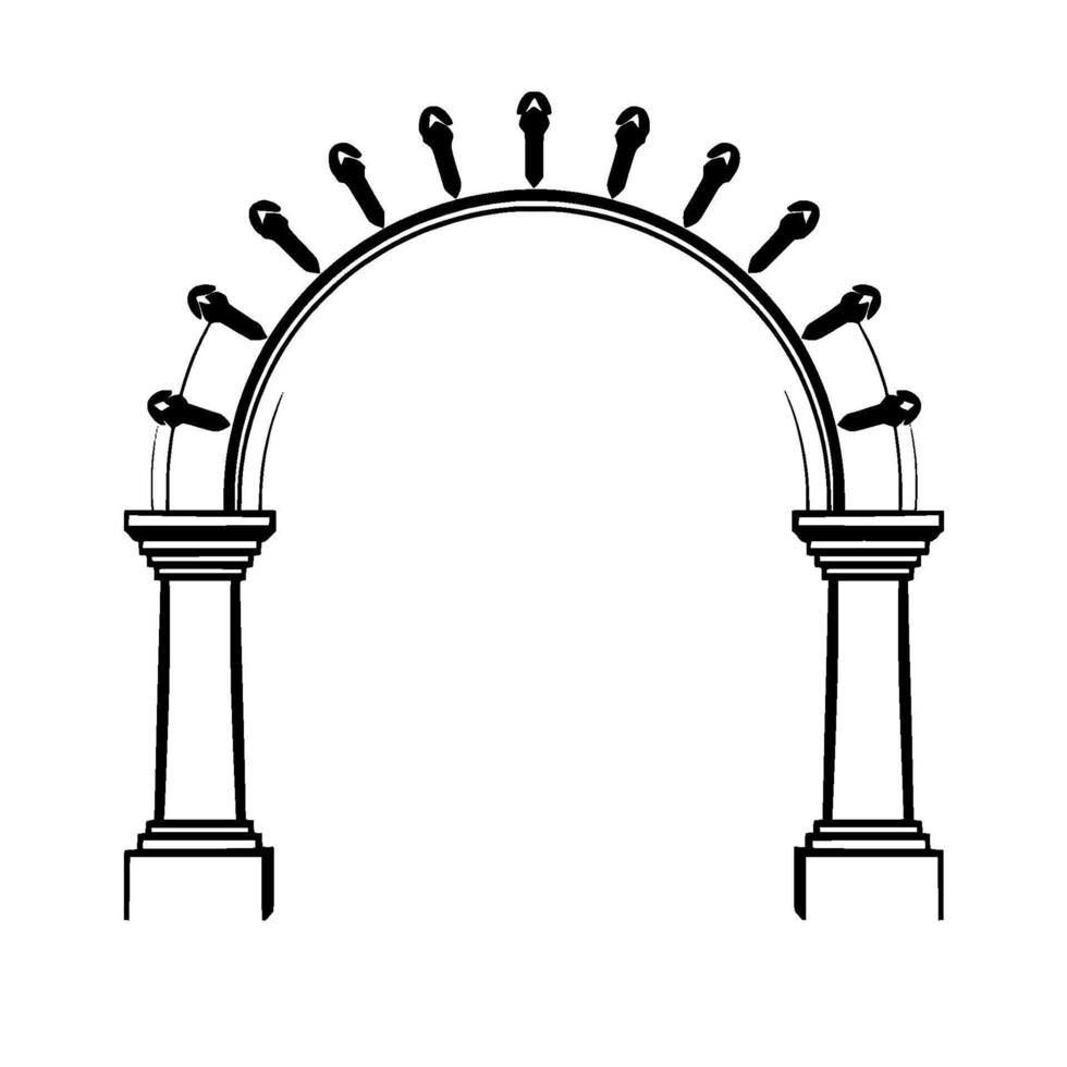 Elegant Black and White Illustration An Archway Adorned with Floating Flipflops, Supported by Classic Columns, Minimalist . vector
