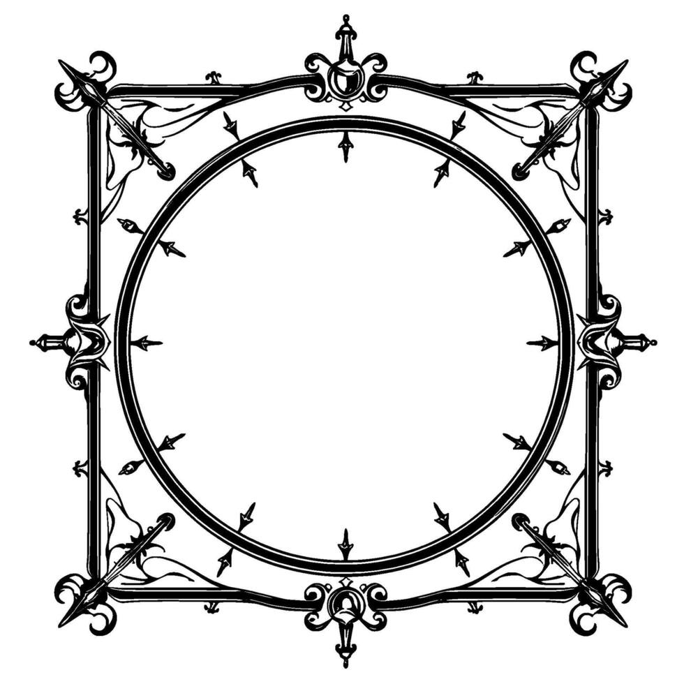 Ornate Black and White Square and Circle Frame, Featuring Gothic Architectural Elements and Delicate Arrowlike Details, Isolated on White. vector
