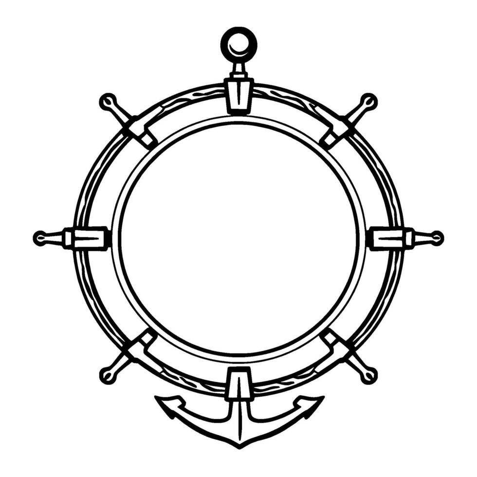 Nautical Illustration A detailed blackandwhite line art of a ships wheel incorporating an anchor at its base, representing sea navigation and maritime themes. vector