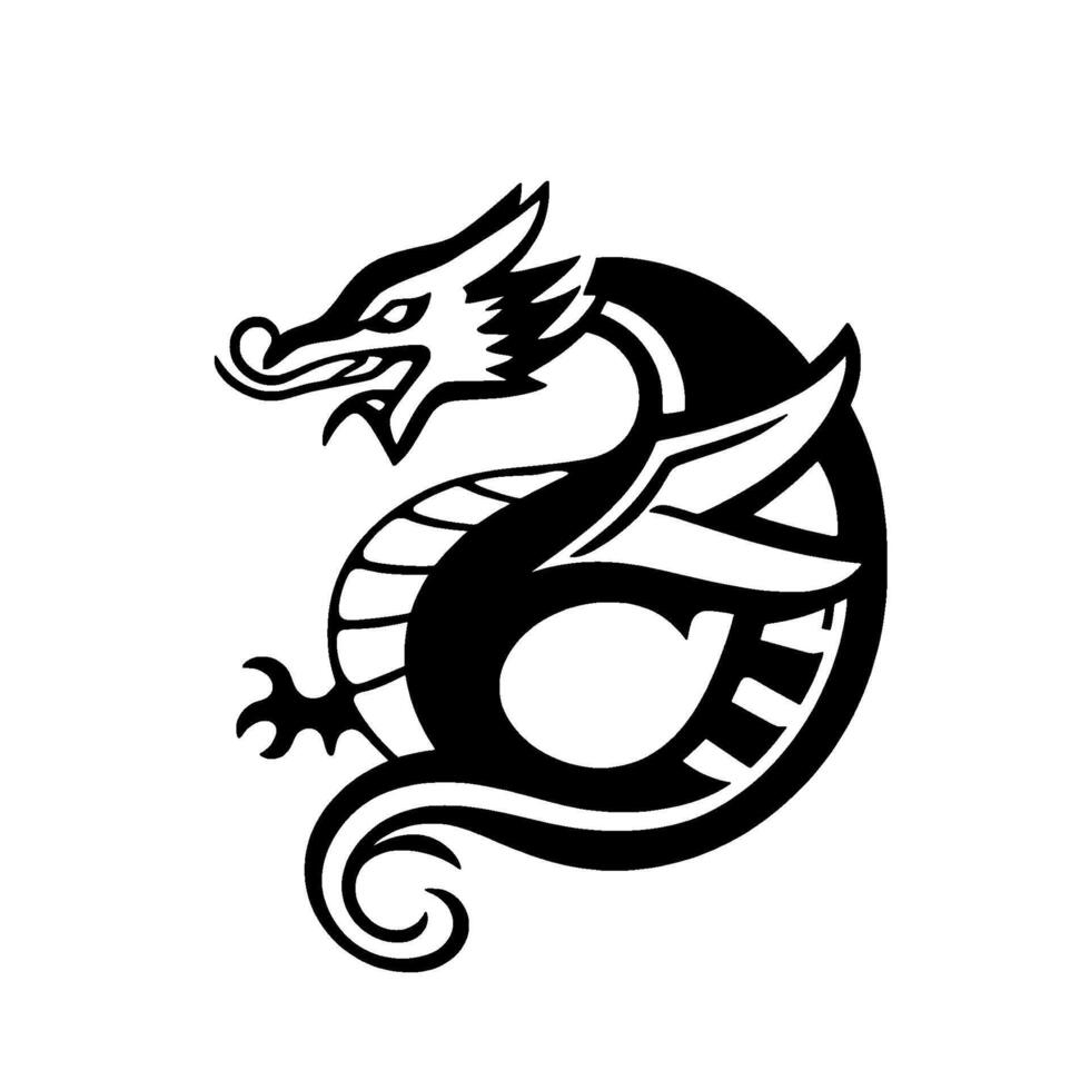 Black and White Dragon Silhouette in a Circular Composition, with a Stylized Appearance, on a White Background. vector