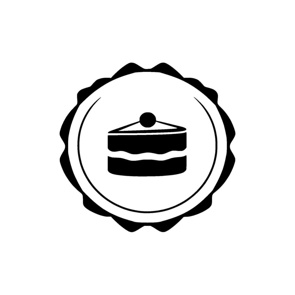 Monochromatic Black and White Circular Emblem Featuring a Slice of Cake, a Cherry, and a Decorative Border. vector