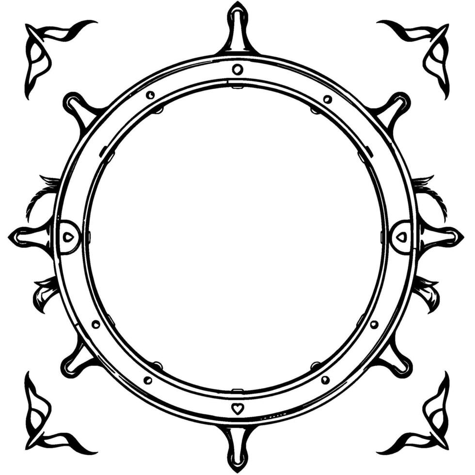 Detailed black and white circular with ornate features, reminiscent of a ships wheel and stylized corner flourishes, isolated on white. vector
