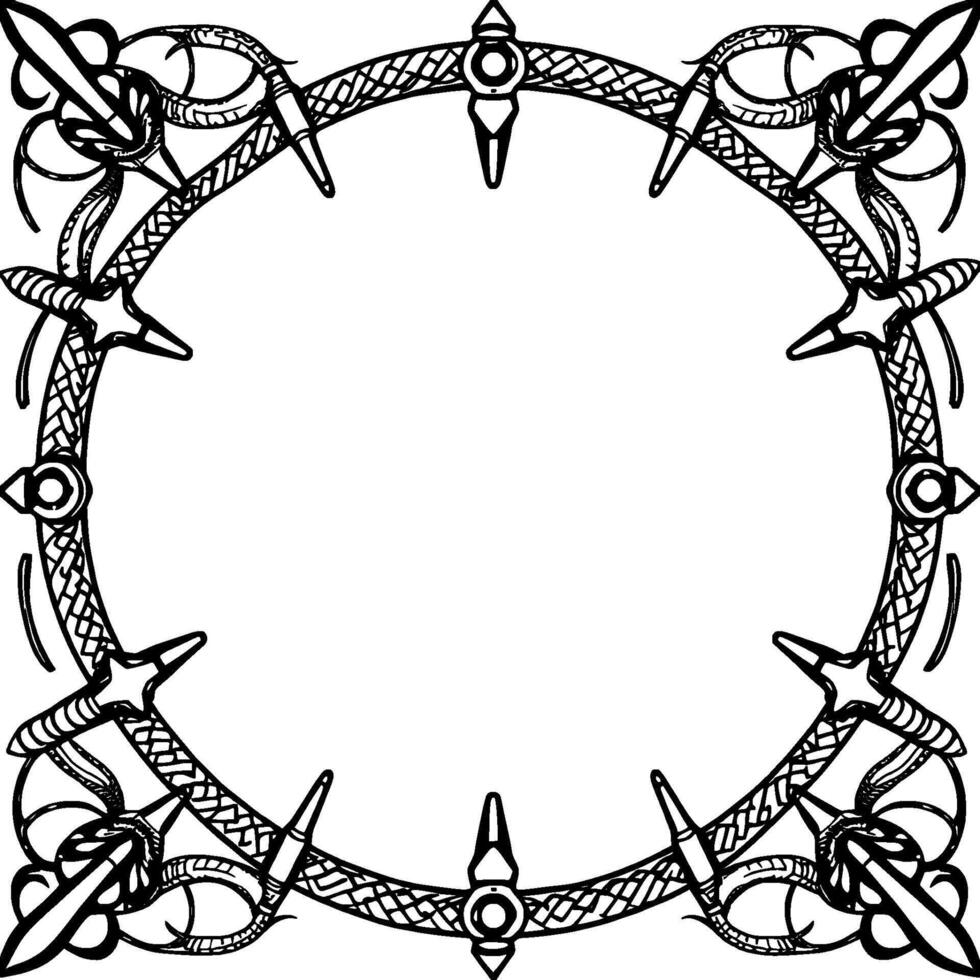 Intricate Black and White Decorative Circular Frame with Swords, Stars, Knots, and Ornamental Details. vector