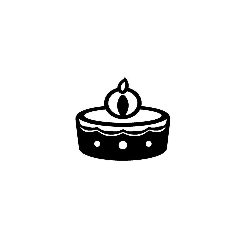 Minimalist Black and White Illustration of a Round Cake with a Decorative Topping and a Single Candle, Centered on White. vector