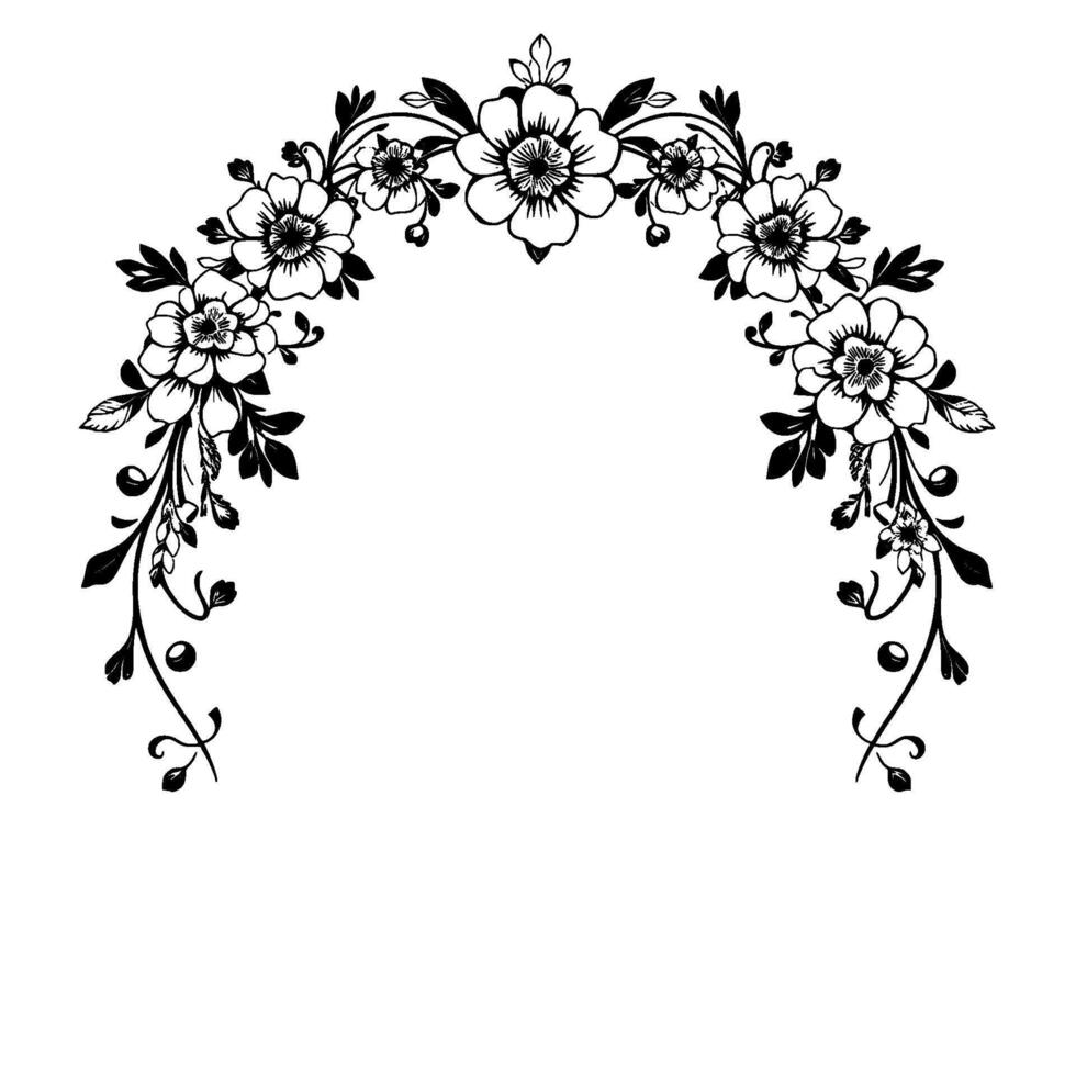 Elegant Black and White Floral Archway Motif, Decorative for Invitations, Weddings, or Artistic Projects. vector