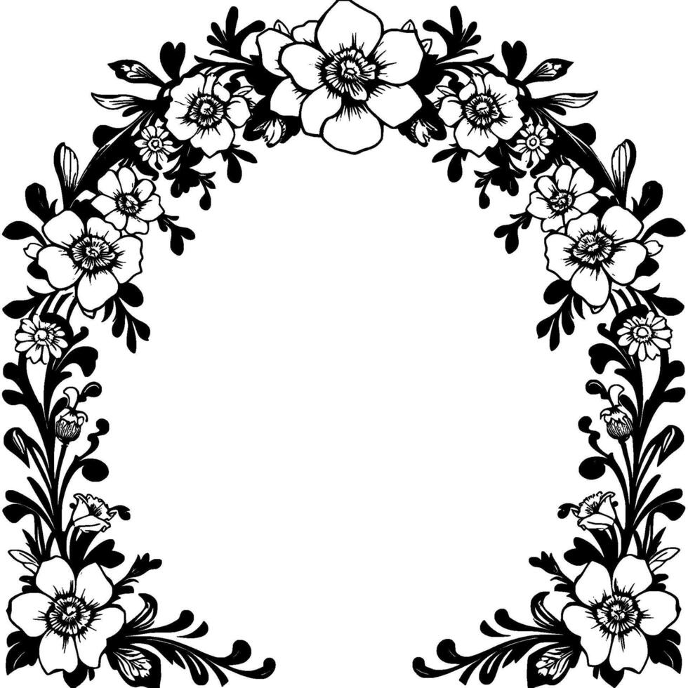Intricate Black and White Floral Archway, Elegant Bloom , Botanical Border with Detailed Flower Arrangement, Decorative Frame Element vector