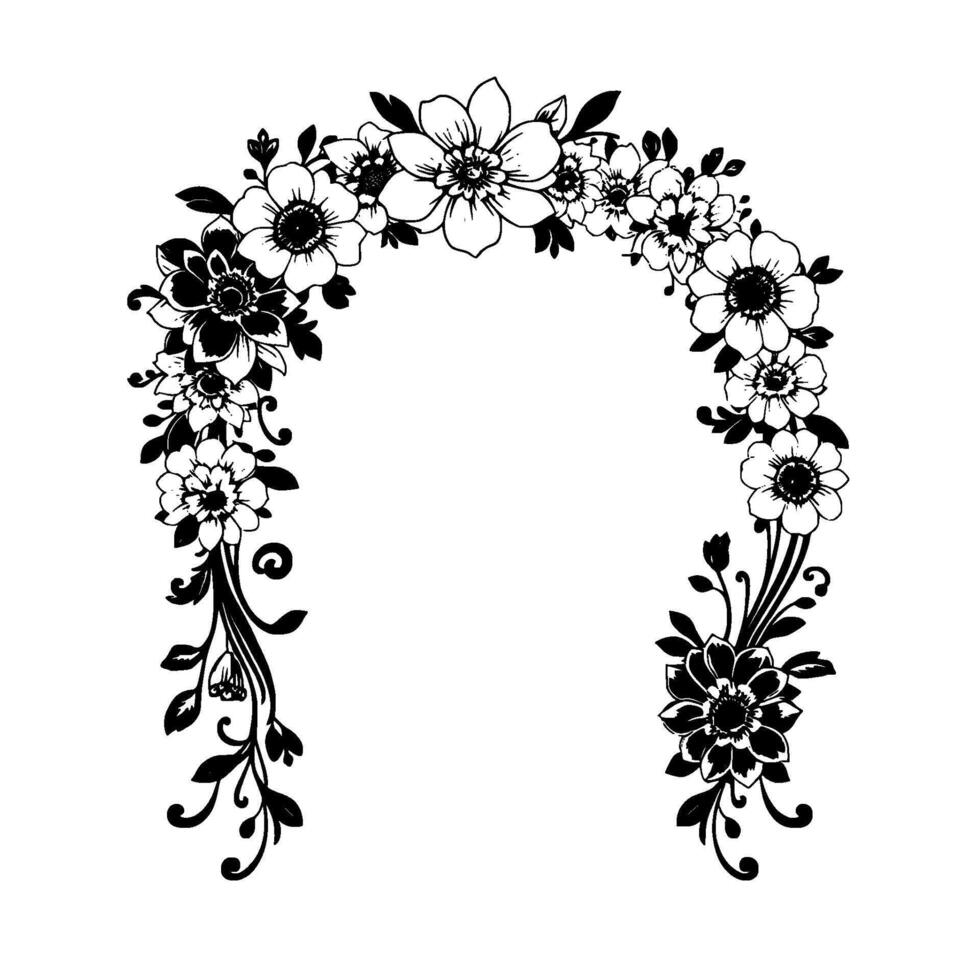 Elegant Black and White Floral Archway Detailed PenandInk Style Rendering of Diverse Blossoms, Leaves, and Delicate Curl Accents on White Background. vector