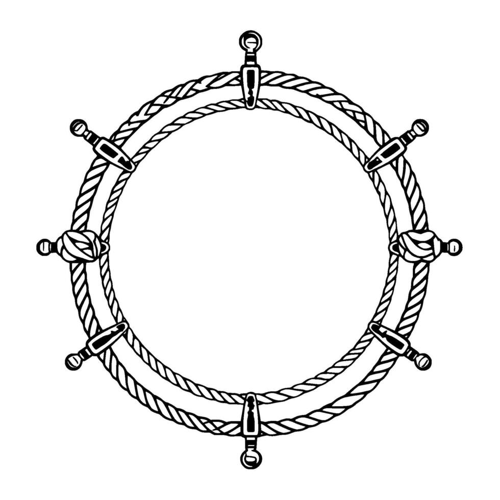 Nautical Helm in Black and White Detailed Rope with Decorative Fastenings, Circular Composition, . vector