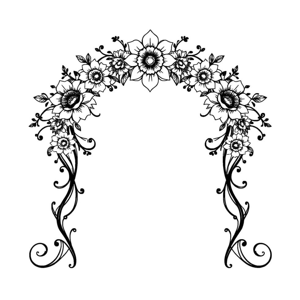Ornate Floral Archway Illustration Elegant Black White , Botanical Motif, Botanical, Decorative, Romantic, Vintage Style. vector