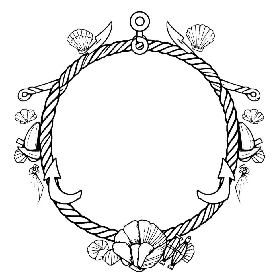 Circular nautical frame A rope circle with anchors, seashells, and other maritime elements in a clean black and white outline style. vector