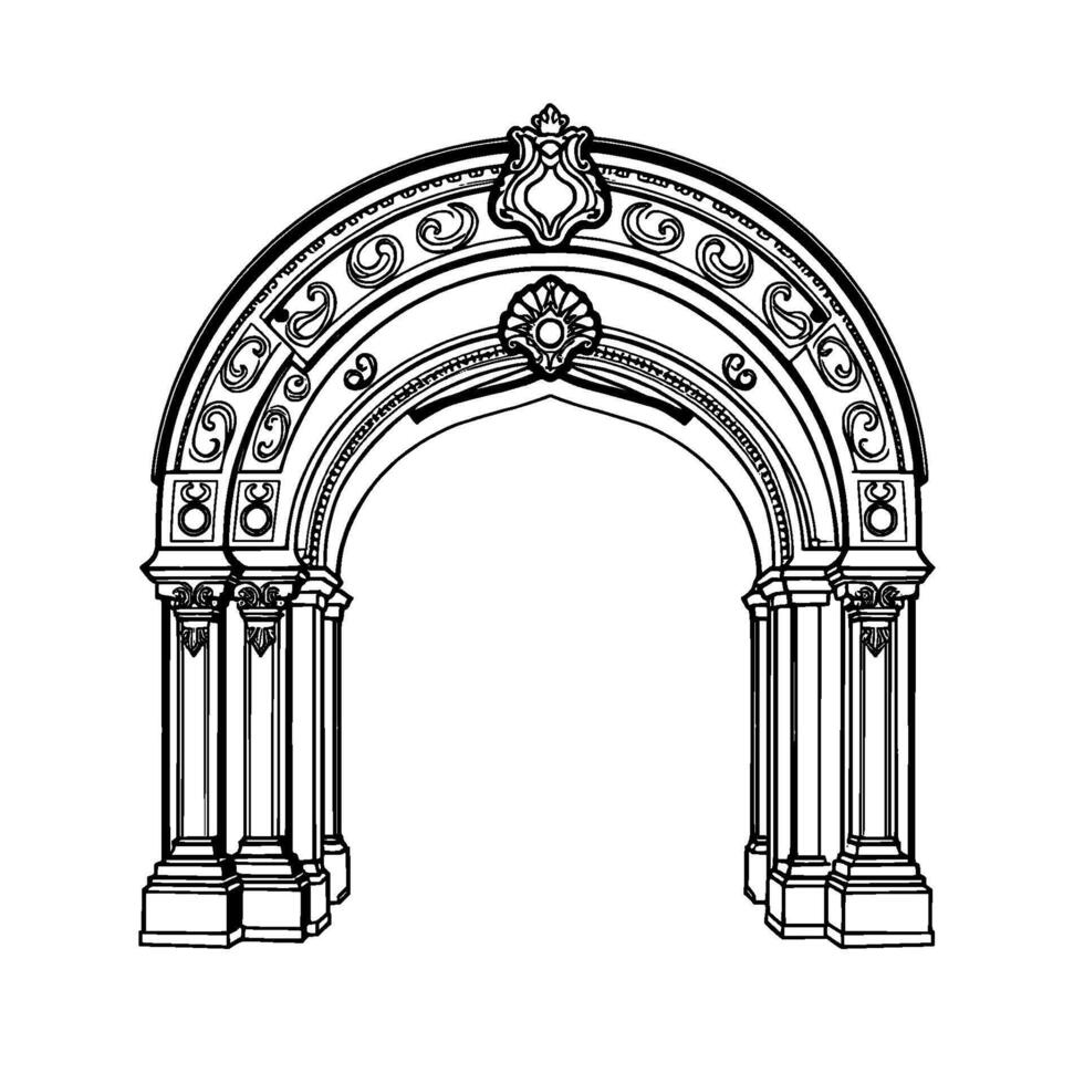 Intricate Black and White Architectural Archway Illustration, Ornamental Detailing, Classic , Elegant Symmetry vector