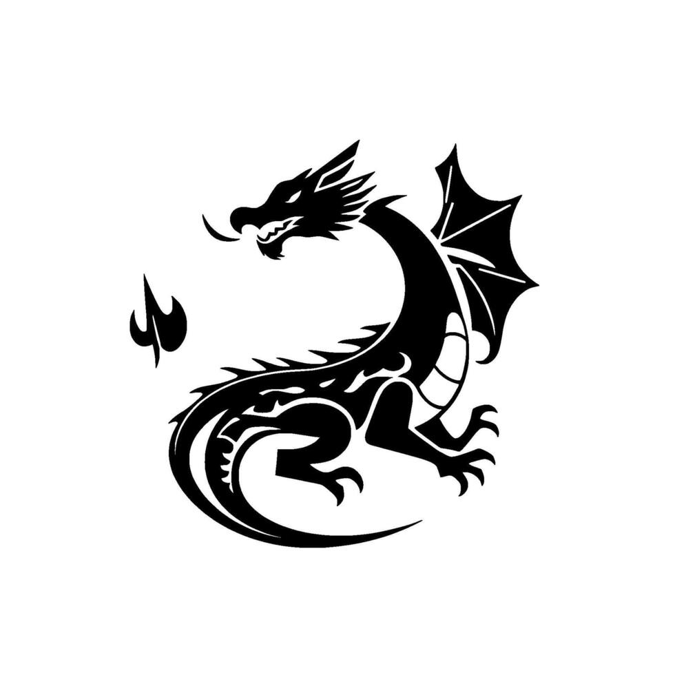 Black Dragon Silhouette with Flame, Winged Beast in Curled Pose, Illustration on White, Fierce Fantasy Symbol. vector