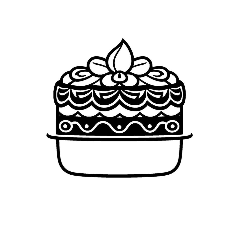 Intricate, stylized, black and white illustrated cake with a floral topping, resting on a simple plate, centered on a white background. vector