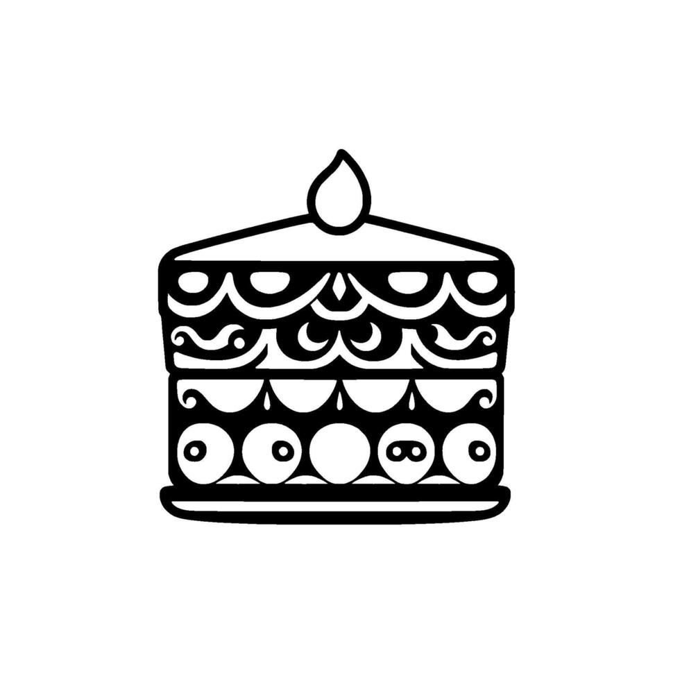 A stylized black and white birthday cake illustration with ornate decorative layers, topped with a dropletshaped element, on a white background. vector