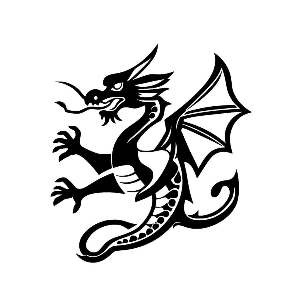 Bold Black Dragon Silhouette Winged Crested Beast in Dynamic Pose with TribalInspired Body Markings Against White Background. vector