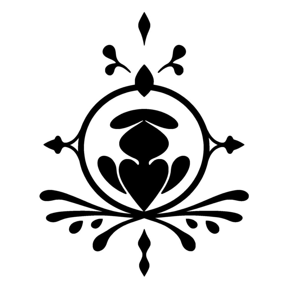 Ornate, symmetrical black floral with heartshaped petals and delicate, stylized embellishments on a white background. vector