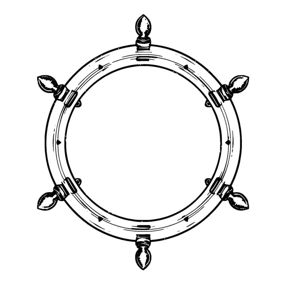 Monochromatic HandDrawn Nautical Ship Wheel on White Background with Detailed Sketchy Lines and Vintage Aesthetic. vector