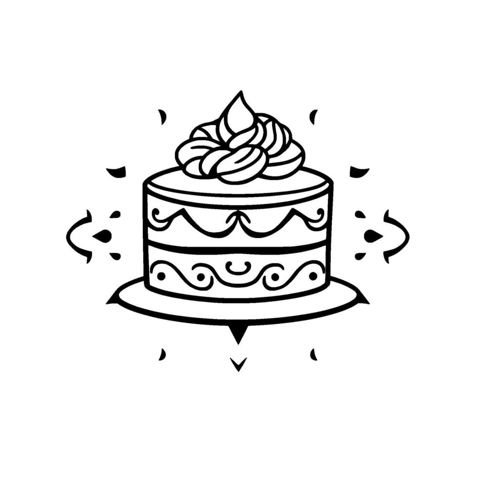 Intricate Black and White Illustration of a Layered Cake with Detailed Frosting, Embellished with Floral Accents on a White Backdrop. vector