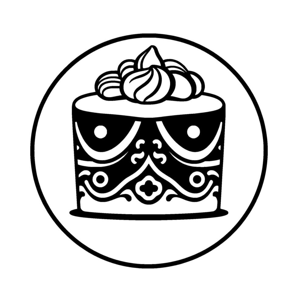 Elegant monochrome cake illustration within a circular frame, featuring intricate patterned and piped frosting. vector