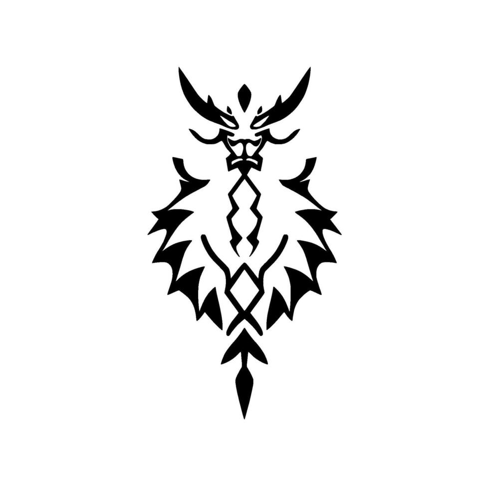Ornate, symmetrical black tribal lion or mythical creature , on stark white background, showcasing sharp angles and stylized details. vector