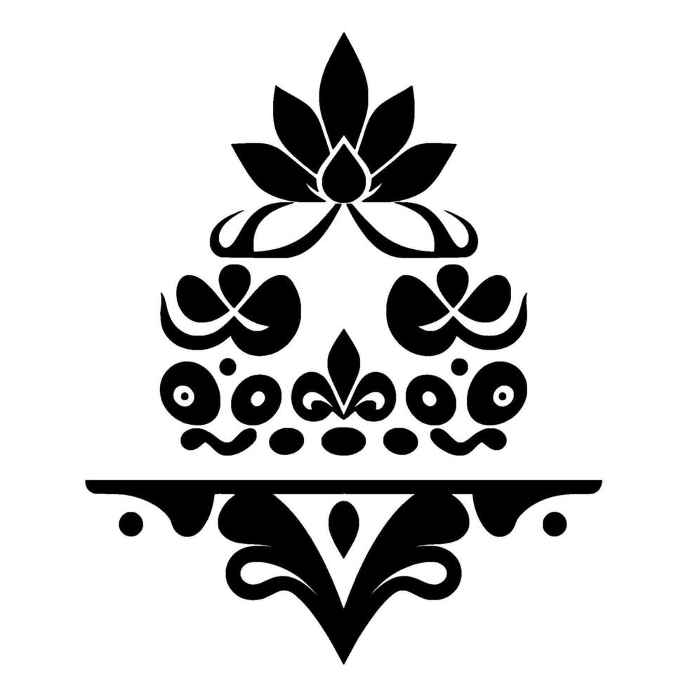 Symmetrical Floral Ornament in Black and White Featuring Lotus, FleurdeLis, and Decorative Shapes, Elegant . vector
