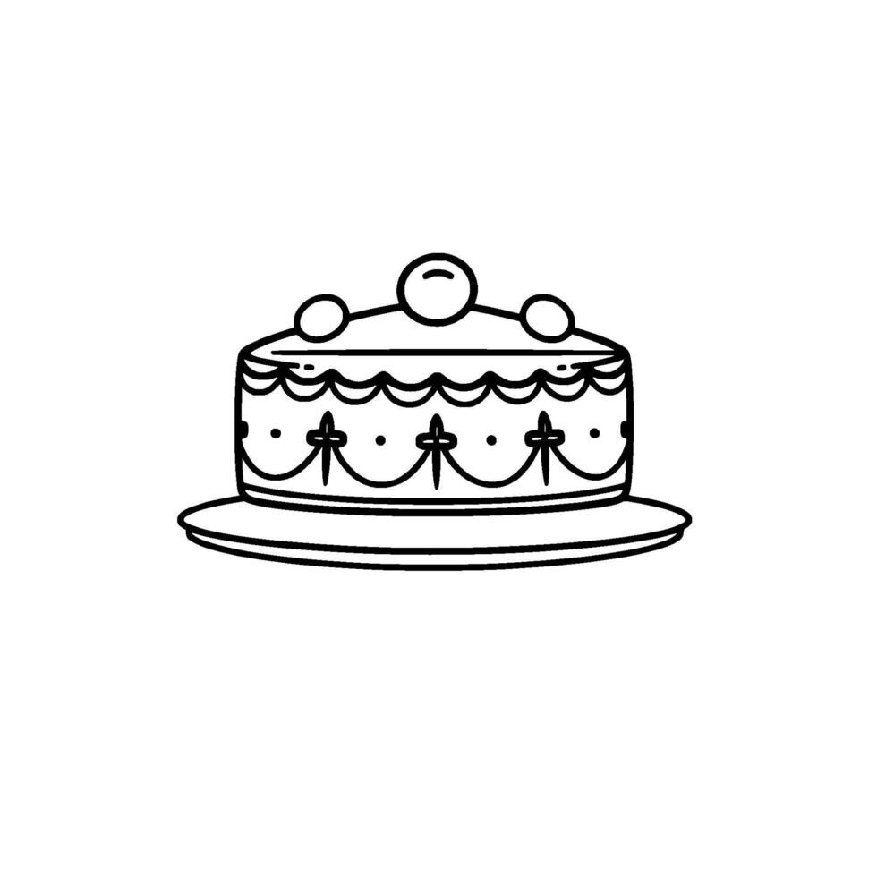 Elegant Black and White Line Art Cake on a Plate, Featuring Ornate Scalloped , Topped with Decorative Spheres and an Overall Minimalist Aesthetic. vector