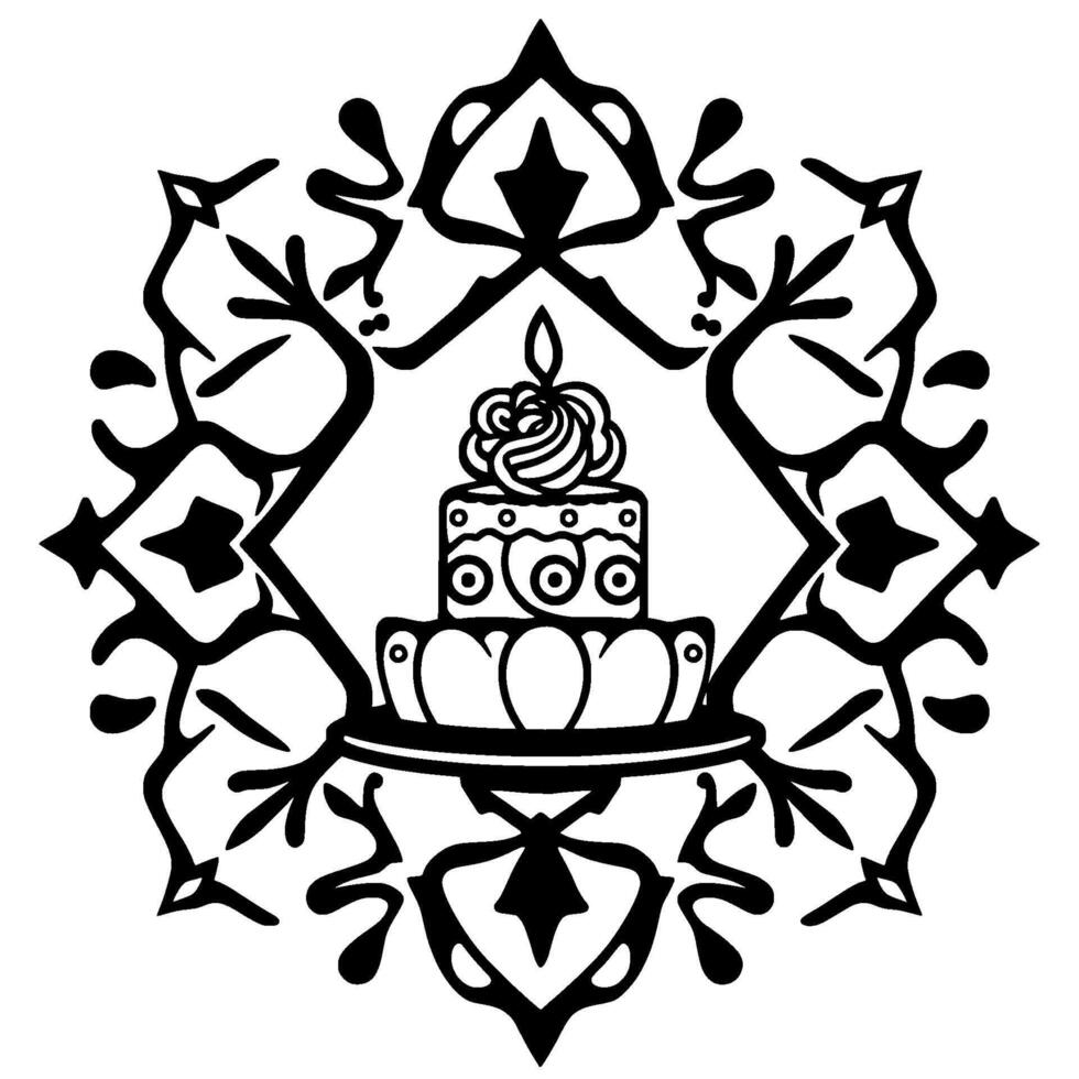 Intricate Black and White Illustration of a TwoTiered Cake with a Lit Candle and Floral Border. vector