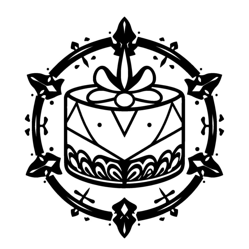 Intricate Black and White Illustration of a Decorated Gift Box Enclosed by a Circular Decorative Frame, with a Bow and Ornate Details. vector